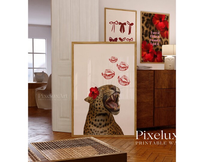 Red Leopard Kiss Wall Art, Cheetah Wall Art, Feminine Y2K…