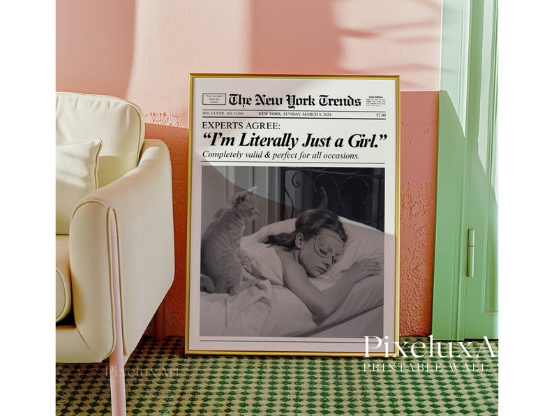 May include: A framed print with a gold border, featuring a black and white image of a woman sleeping with a cat. The print has text that reads "The New York Trends" and "I'm Literally Just a Girl."