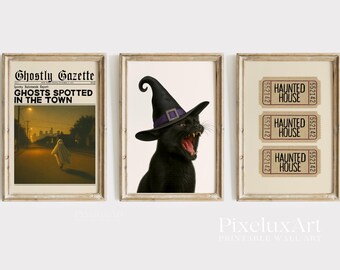 Vintage Halloween Poster Set of 6 – Ghostly Gazette, Haunted House Tickets, Spooky Cat, Witch Hour Clock, Martini Ghost Printables, image 4