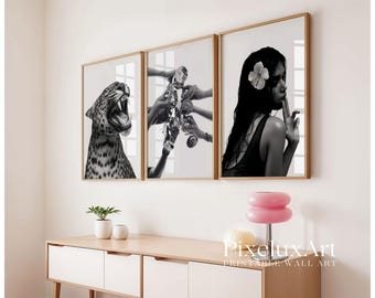 Stockholm Style Wall Art Set, Black and White Fashion Poster Trio, Leopard Woman Print Bundle, Scandinavian Modern Decor, image 4