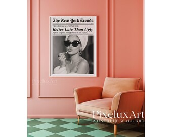 Trendy Newspaper Print, Better Late Than Ugly, Girly Wall Art, Bathroom Poster, Retro Dorm Decor, Vintage Printable Wall Art, Makeup Poster, image 5