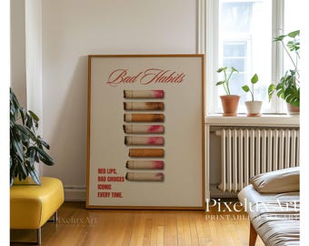 Trendy Wall Print - Red Lips, Cigarettes & Iconic Chaos, Retro Wall Art, Coquette Aesthetic Print, Vintage Poster, Girl Apartment Decor, image 6