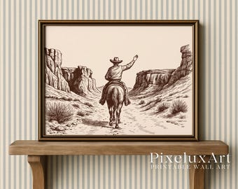 Cowboy Desert Wall Art | Western Landscape Print | Rustic Country Decor | Vintage Horseback Poster | Cowboy Riding Through Canyon, image 4