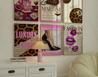 Retro Girly Wall Art Set, 6 Trendy Posters, Y2K Fashion Decor, Trendy Leopard Print, Aesthetic Dorm & Apartment Decor, Pink Leopard Wall Art, image 1