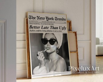 Trendy Newspaper Print, Better Late Than Ugly, Girly Wall Art, Bathroom Poster, Retro Dorm Decor, Vintage Printable Wall Art, Makeup Poster, image 3