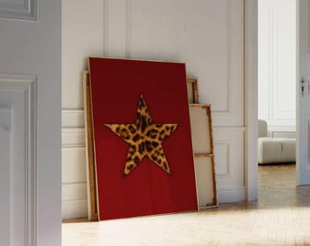 Retro Leopard Star Wall Art, Vintage Leopard Print, Red Star Girl Poster, Funky Y2K Aesthetic Print, Cheetah Girly Wall Art, image 7