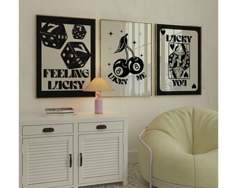 Lucky Wall Art Set of 3 – Lucky You Black and White Casino Gallery Prints, Retro Dice & Playing Card Posters, Stylish Game Room or Bar Decor, image 4
