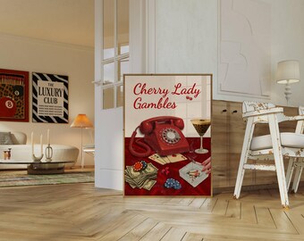 Retro Cherry Poster, Retro Red Bar Cart Wall Art, Preppy 70s Aesthetic Girly Prints, Vintage Apartment Dopamine Decor, Funky Poker Print, image 4