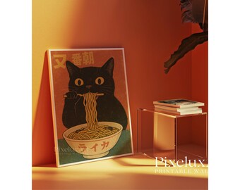 Vintage Cat Eating Ramen Poster, Noodle Illustration Art, Ramen Lover Gift, Quirky Cat Kitchen Decor, Japanese Decor, Gift for Noodle Lover, image 5