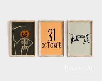 Halloween Wall Art Set of 6 – Vintage Spooky Prints with Crow, Pumpkin Skeleton, Witches Laundry, October 31, Pumpkins, Fall Decor, image 4