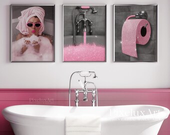 Pink Glam Bathroom Poster Set of 6 | Sparkly Lips, Bathtub, Makeup, Toilet Roll & Shower Karaoke Prints for Glam Bathroom Wall Decor, image 5