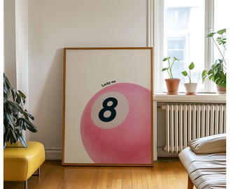 Lucky 8 Ball Print, Pool Ball Print, Vintage Game Room Decor, Luck Wall Art, Pink Billiards Print, Pool Print, Retro Art, Funky Vintage Art, image 6