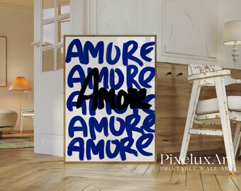 Navy Blue Poster Set, Leopard Wall Art, Amore Typography Prints, Blue Aesthetic Gallery Wall, Lips & Ace of Hearts Art, Fashion Chic Decor, image 7