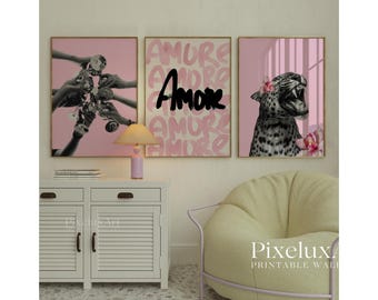 Pink Leopard Poster Set, Stockholm Fashion Wall Art Trio, Chic Pink Aesthetic Decor, Trendy Girl Room Printable Art, Modern Gallery Wall Set, image 4