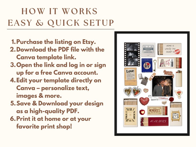 May include: A framed collage with various themed elements, including film strips, matchboxes, and heart-shaped designs. The text "HOW IT WORKS" and instructions for use are displayed at the top. The collage includes the text "Love", "NY", and "MEMORIES".