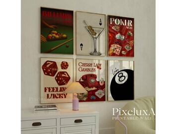 Gallery Wall Art Set – 6 Trendy Posters, Y2K Fashion Decor, Poker Night Print, 8 Ball, Billiards Print, Aesthetic Dorm & Apartment Decor, image 1