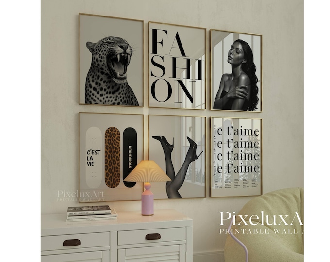 Black and White Fashion Poster Set: Y2K Leopard Print…