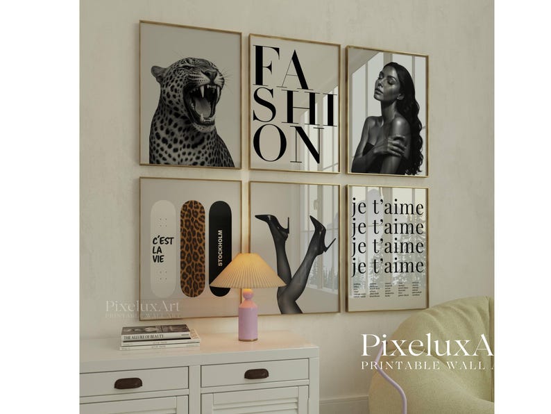 Black and White Fashion Poster Set: Y2K Leopard Print Gallery Wall (Digital Down