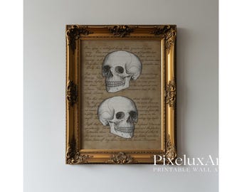 Vintage Skull Wall Art – Gothic Dark Academia Printable with Antique Script Background, Spooky Halloween Skeleton Head Decor Print, image 1