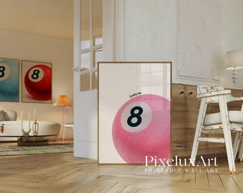 Lucky 8 Ball Print, Pool Ball Print, Vintage Game Room Decor, Luck Wall Art, Pink Billiards Print, Pool Print, Retro Art, Funky Vintage Art, image 4