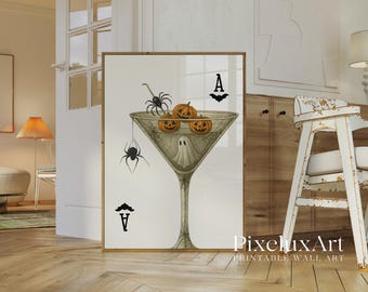 Halloween Cocktail Wall Art – Spooky Ghost & Pumpkin Martini Print with Spiders, Ace Card Vintage Gothic Bar Decor, image 4