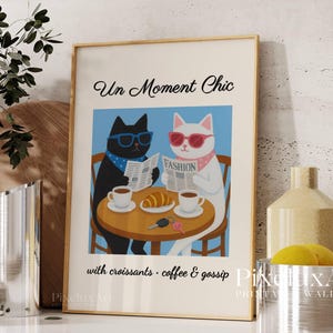 フランスのカフェのポスター、クロワッサンとコーヒーの猫のプリント、カフェオレのポスター、面白い猫のキッチンアート、猫の壁飾り、かわいい猫のコーヒーのイラスト