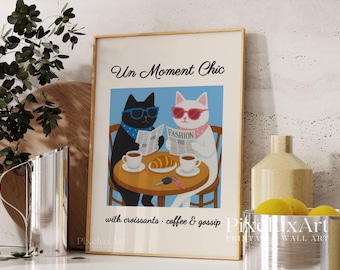 French Café Poster, Croissant & Coffee Cat Print, Cafe Au Lait Poster, Funny Cat Kitchen Art, Cat Wall Decor, Cute Cat Coffee Illustration