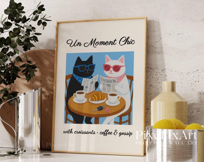 French Café Poster, Croissant & Coffee Cat Print, Cafe Au…