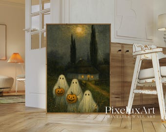 Ghosts with Pumpkins Wall Art – Spooky Vintage Halloween Printable, Haunted Night Cottage Scene Gothic Fall Decor Print, image 3