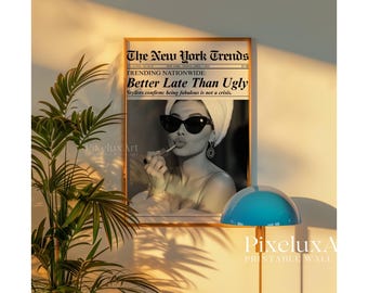 Trendy Newspaper Print, Better Late Than Ugly, Girly Wall Art, Bathroom Poster, Retro Dorm Decor, Vintage Printable Wall Art, Makeup Poster, image 6