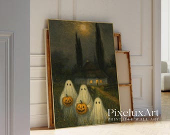 Ghosts with Pumpkins Wall Art – Spooky Vintage Halloween Printable, Haunted Night Cottage Scene Gothic Fall Decor Print, image 4