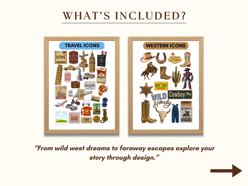 May include: Two framed illustrations with a white background. The left frame features a collection of travel icons, including a plane, a passport, a suitcase, and a map. The right frame features a collection of western icons, including a cowboy hat, a horseshoe, and a cactus.