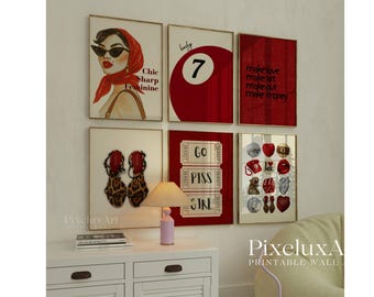 Set of 6 Red Chic Wall Art Prints – Fashion Illustration Poster, Retro Feminine Collage, Leopard Heels Print, Leopard Print, Y2K Fashion Art, image 1