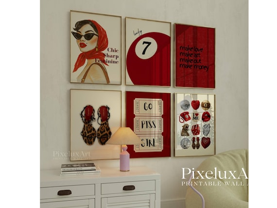 Set of 6 Red Chic Wall Art Prints