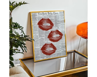 Trendy Newspaper Print, Red Kiss Lips Wall Art, Girly Bar Cart Decor, Black White Retro Poster, Preppy Aesthetic Home Decor, Dorm Room Art, image 9