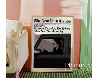 Trendy Newspaper Print, Woman Searches Men Audacity Retro Girly Wall Art, Dorm Room Poster, Magazine Newspaper Art Print for Girl Apartments, image 8