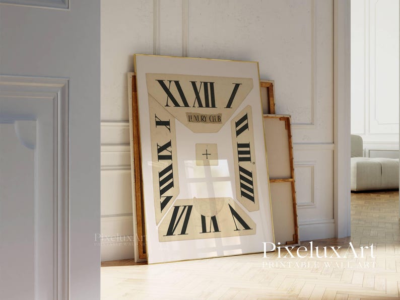 May include: A large framed print featuring a clock face design with Roman numerals and the words "LUXURY CLUB". The artwork is in neutral tones of beige and black, leaning against a wall in a room with hardwood floors.