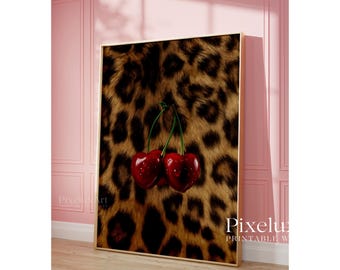 Cherry Leopard Wall Art | Red Glam Printable Poster | Girly Fashion Chic Decor | Coquette Leopard Print Aesthetic | Luxury Modern Print, image 4