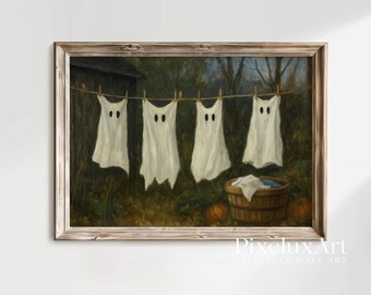 Ghost Laundry Wall Art – Spooky Halloween Printable with Hanging Ghost Sheets, Rustic Haunted Fall Decor, Vintage Country Style Print, image 1