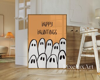Happy Hauntings Wall Art – Cute Ghost Halloween Printable, Spooky Rustic Fall Decor Sign for Haunted House & Seasonal Gallery Walls, image 3