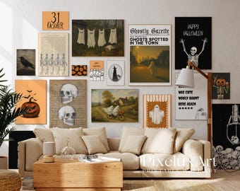 Halloween Wall Art Bundle Set of 18 – Spooky Ghosts, Pumpkins, Skulls & Haunted House Print, Halloween Fall Gallery Set for Seasonal Decor, image 1