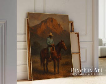 Vintage Western Cowboy Oil Painting Print – Moody Antique Wall Art, Earth Tone Southwestern Decor, Printable Mid Century Western Art, image 6