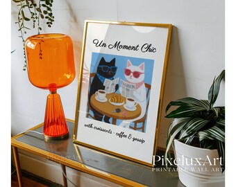 French Café Poster, Croissant & Coffee Cat Print, Cafe Au Lait Poster, Funny Cat Kitchen Art, Cat Wall Decor, Cute Cat Coffee Illustration, image 9