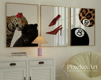 Leopard & Panther Wall Art Set, Red Heels Poster Trio, Lucky 8 Ball Print, Fashion Glam Printable Gallery Wall Decor, image 1