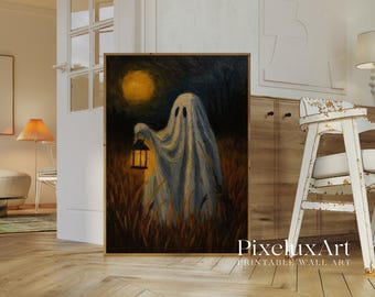 Lantern Ghost Halloween Wall Art – Vintage Spooky Ghost Print, Haunted Night Decor, Gothic Dark Academia Home Decoration, image 4