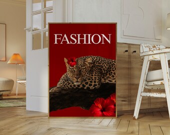 Red Leopard Fashion Poster, Vintage Cheetah Wall Art, Retro Y2K Aesthetic, Luxury Glam Wall Art, Chic Leopard Print, Bold Fashion Decor, image 3