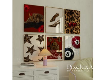 Retro Red Gallery Leopard Wall Art Set – 6 Trendy Posters, Y2K Fashion Decor, Bold Red Wild Leopard Print, Chic Glam Leopard Poster Set, image 1