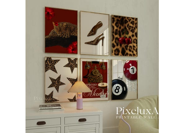 Retro Red Gallery Leopard Wall Art Set
