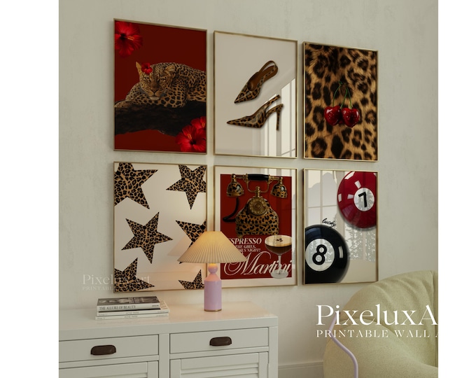 Retro Red Gallery Leopard Wall Art Set – 6 Trendy Posters…