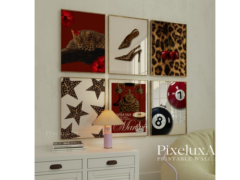 Retro Red Gallery Leopard Wall Art Set